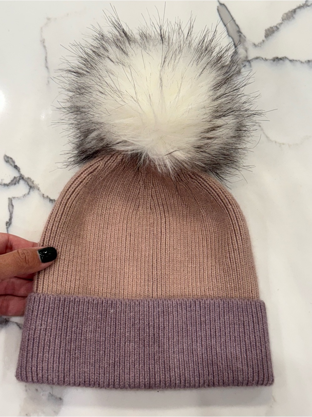 Women's Two-Tone Knit Pom Beanie - Mauve & Dusty Rose